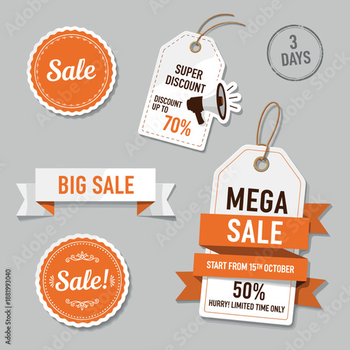 Sale tags and labels with mega discount offer on gray background