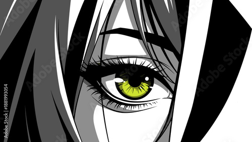 Manga eye close-up illustration, green iris contrast, black and white comic style, expressive gaze art, dramatic emotion detail, vector sketch
