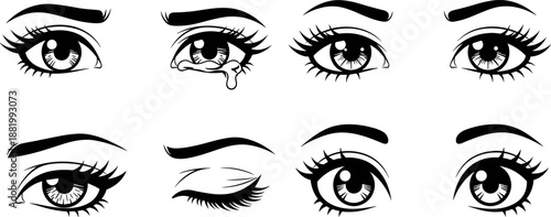 Manga eye expression icons, black and white emotion sketch set, stylized anime gaze sheet, tear and wink illustration bundle