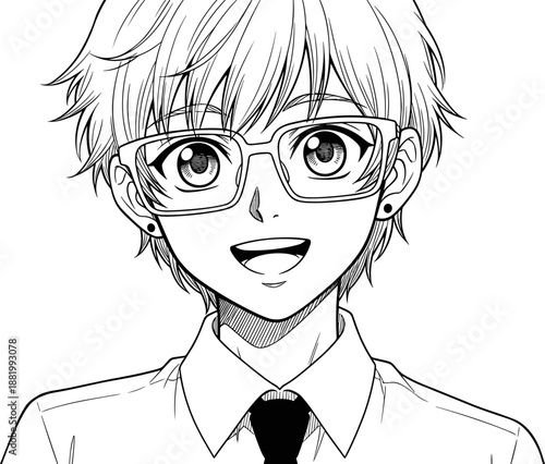 Manga schoolboy line art, cheerful anime character sketch, glasses and tie design, black and white illustration, expressive face drawing, coloring sheet