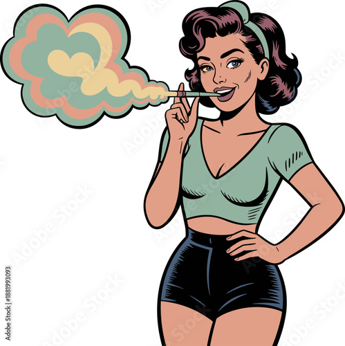 Retro cartoon woman, vintage fashion, cigarette pose, colorful smoke, confident stance, pin-up style, bold colors, stylized character, comic book art