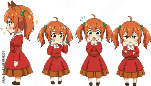Chibi anime girl expressions, twin ponytail sprite sheet, cute emotion poses, orange hair character set, manga reaction bundle, animation asset