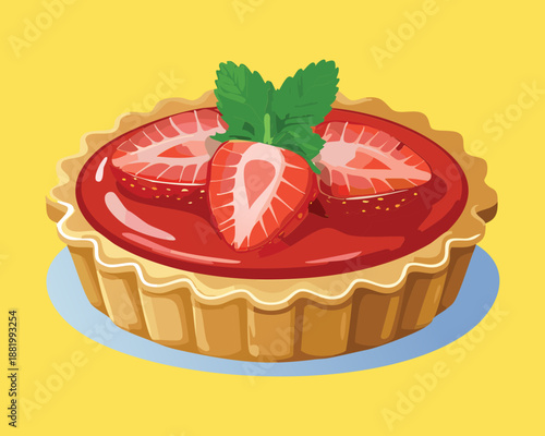 Sweet strawberry pie with glazed fruit and crust for bakery shop and celebration dessert menu - Vector Illustration