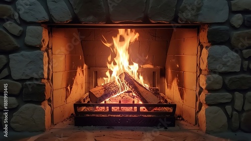 Close-up of a lit stone fireplace warm lighting burning fire