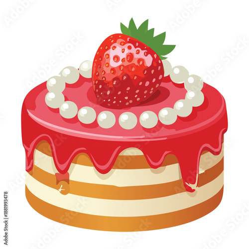 Sweet strawberry sponge cake with cream and pearl decoration for elegant birthday and bakery dessert - Vector Illustration