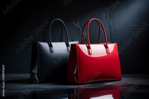 Modern Handbags Displayed on Reflective Surface in Studio