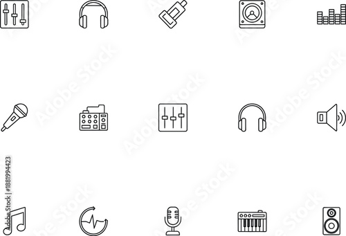 A collection of various audio equipment and music symbols in a simple line style