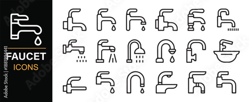 Faucet and plumbing hardware outline icons for infographics