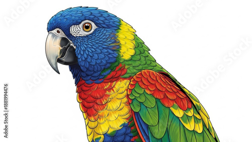 Vibrant parrot portrait with multicolored feathers on white background