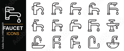 Modern faucet fixture icons in clean outline style
