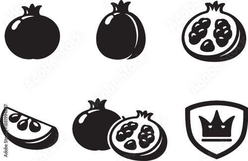 Pomegranate fruit icon bundle silhouette black and white EPS safe