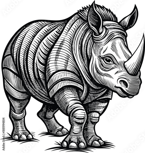 A detailed pen and ink illustration of a rhinoceros in mid-stride is depicted against a stark white background. The rhinoceros is centrally positioned, oriented towards the viewer's right, showcasing 