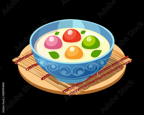 Sweet dessert soup with colorful glutinous rice balls for traditional chinese celebration and lantern festival - Vector Illustration
