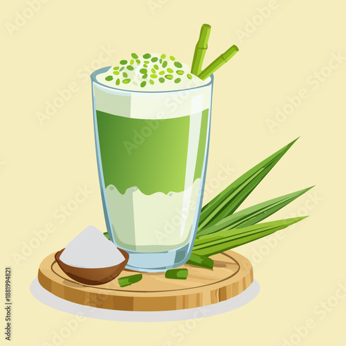 Refreshing iced matcha green tea latte with coconut and pandan leaf for healthy asian beverage - Vector Illustration