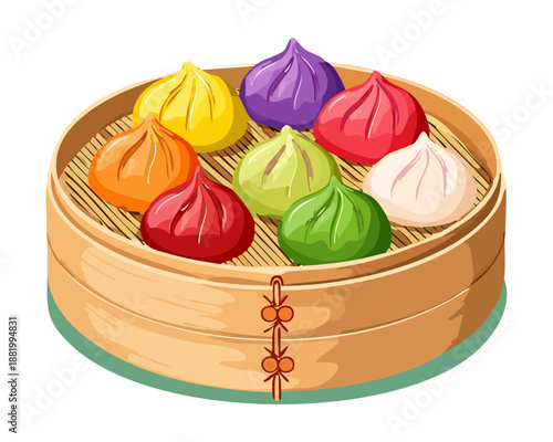 Colorful assorted steamed dim sum dumplings in a bamboo basket for diverse asian appetizer and catering - Vector Illustration