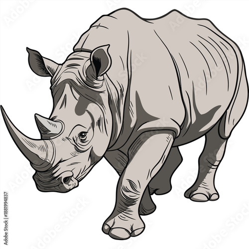 A detailed pen and ink illustration of a rhinoceros in mid-stride is depicted against a stark white background. The rhinoceros is centrally positioned, oriented towards the viewer's right, showcasing 