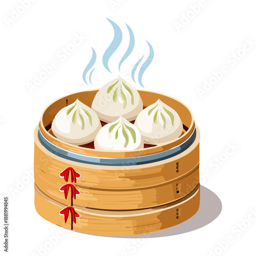 Traditional steamed dim sum buns in a bamboo steamer for authentic chinese breakfast and restaurant menu design - Vector Illustration