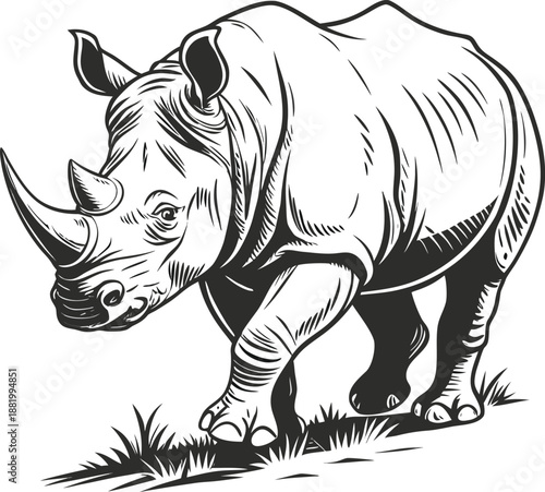 A detailed pen and ink illustration of a rhinoceros in mid-stride is depicted against a stark white background. The rhinoceros is centrally positioned, oriented towards the viewer's right, showcasing 