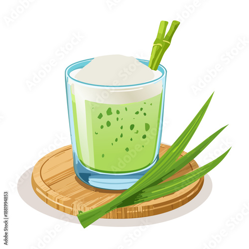 Refreshing iced matcha green tea with pandan leaves for healthy asian beverage and cafe menu design element - Vector Illustration
