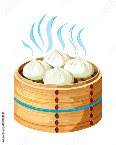 Steaming hot buns in a bamboo basket for traditional asian breakfast and authentic restaurant dim sum catering - Vector Illustration