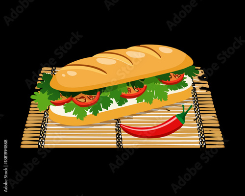 Delicious sub sandwich with chili and herbs on a wooden board for savory lunch and bakery menu - Vector Illustration