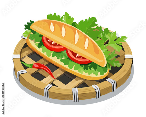 Savory baguette sandwich with tomatoes and greens for healthy lunch and traditional bakery shop food menu - Vector Illustration
