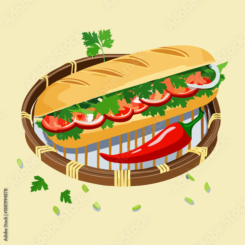 Fresh sub sandwich with vegetables and chili on a wooden basket for savory lunch and bakery menu - Vector Illustration
