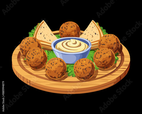 Platter of fried falafel balls with bread and sauce for healthy vegetarian lunch and restaurant menu design - Vector Illustration