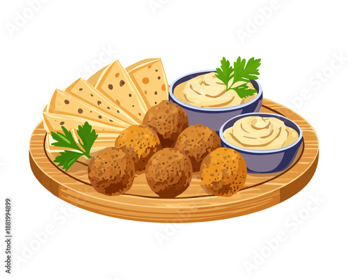 Plate of fried falafel balls with pita bread for healthy vegetarian appetizer and restaurant food menu - Vector Illustration
