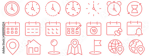 Time, date and address line icons set. calendar, clock, gps point, flag point, globe point Containing hourglass, pin, stopwatch. Editable stroke for mobile and web. Isolated on white background