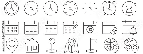 Time, date and address line icons set. calendar, clock, gps point, flag point, globe point Containing hourglass, pin, stopwatch. Editable stroke for mobile and web. Isolated on white background