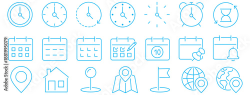 Time, date and address line icons set. calendar, clock, gps point, flag point, globe point Containing hourglass, pin, stopwatch. Editable stroke for mobile and web. Isolated on white background