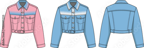 Cropped denim jacket illustration, fashion sketch, front and back view, zigzag pattern, belted waist, pink and blue color, garment design