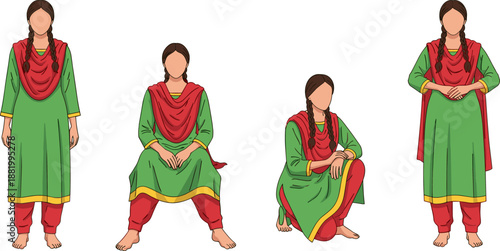 South Asian outfit pose sheet, traditional attire character sprite, braided hair illustration set, cultural fashion reference, red salwar green kameez