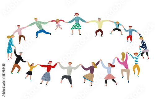 手描きイラスト　輪になって踊る大人と子供