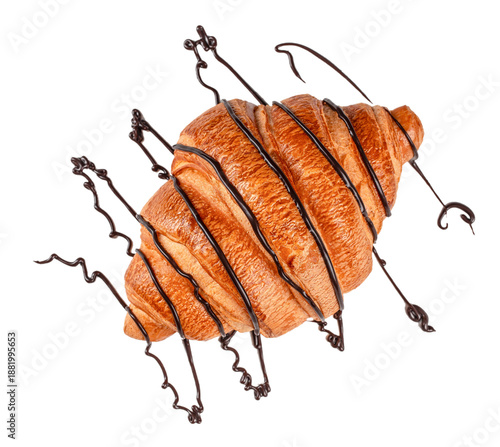 Golden croissant decorated with flowing chocolate drizzle isolated on white background. © Надія Коваль