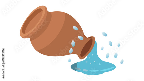 A silhouette of a traditional clay water jug (ebriq) tilted, with water droplets falling into a bowl.