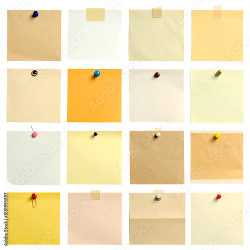 Large set of 16 colorful square sticky notes with push pins and adhesive tape isolated on white background, multi-textured paper memo collection for office planning and branding mockups
