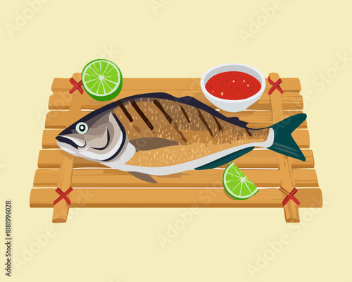 Grilled fish with lime and herbs on a wooden board for authentic asian seafood and restaurant menu - Vector Illustration