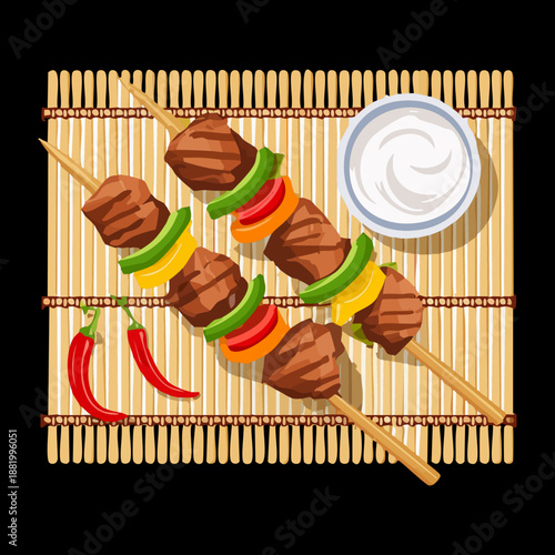 Grilled skewers with vegetables and dipping sauce for traditional asian barbecue and restaurant food menu design - Vector Illustration