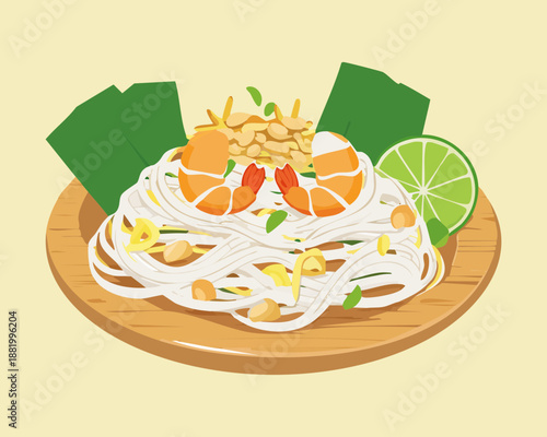Healthy thai noodle salad with shrimp and peanuts for authentic asian meal and restaurant food menu - Vector Illustration
