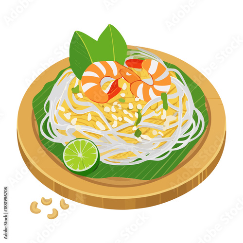 Authentic pad thai noodles with shrimp and lime for traditional thai restaurant and healthy food menu - Vector Illustration