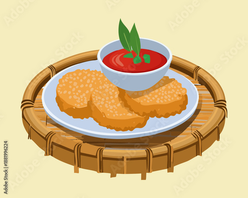 Crispy fried fish cakes with sweet chili sauce for asian appetizer and savory restaurant menu design - Vector Illustration