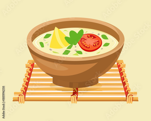 Bowl of clear asian vegetable soup for light healthy lunch and traditional restaurant food menu design - Vector Illustration