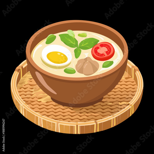 Bowl of asian meatball soup with herbs for healthy lunch and traditional restaurant food menu design - Vector Illustration