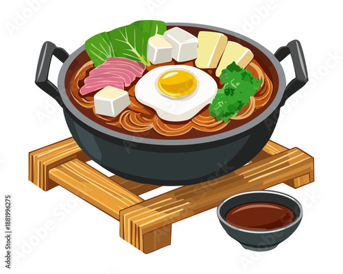 Traditional asian beef stew with tofu and boiled egg for hearty meal and restaurant food menu - Vector Illustration