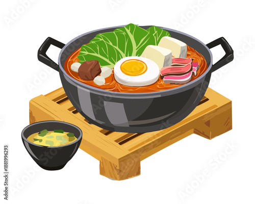 Hot asian noodle soup with beef and vegetables for comforting lunch and traditional restaurant food menu - Vector Illustration