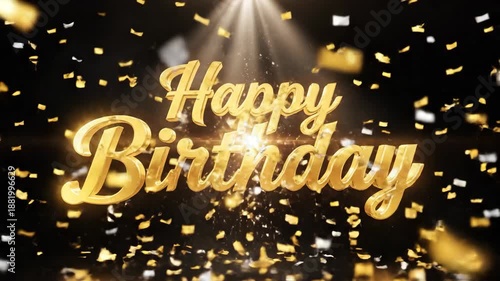 Wallpaper Mural Golden 'Happy Birthday' text with shiny confetti and spotlights on a dark background, conveying a celebratory mood with festive decorations. Torontodigital.ca