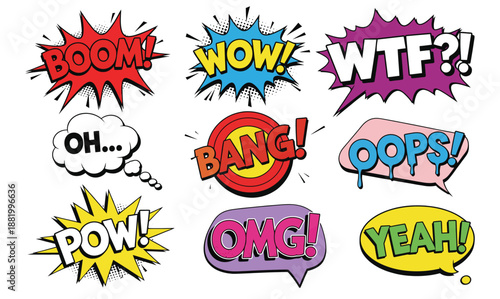 Colorful Pop Art Comic Speech Bubble Set. Collection of Cartoon Sound Effects and Slang Phrases like Boom, Wow, Bang, and OMG. Flat Vector Illustration on White Background