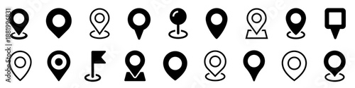 Map pin icon set. Location, pointer, marker, GPS, geolocation symbol on white background - stock vector.